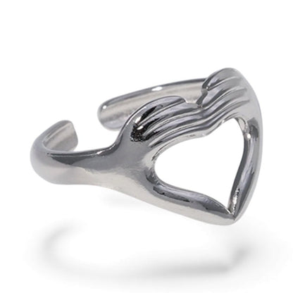 Open Ring RVS Hart met Handen Symbool (14 mm Breed) - Aramat Jewels - Ringen - cadeautip