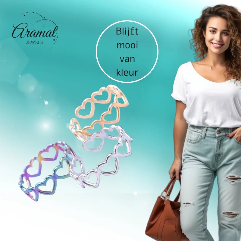 Open Ring RVS Hartjes Schakel (Multicolor, Zilver - of Goudkleur) - Aramat Jewels - Ringen - cadeautip