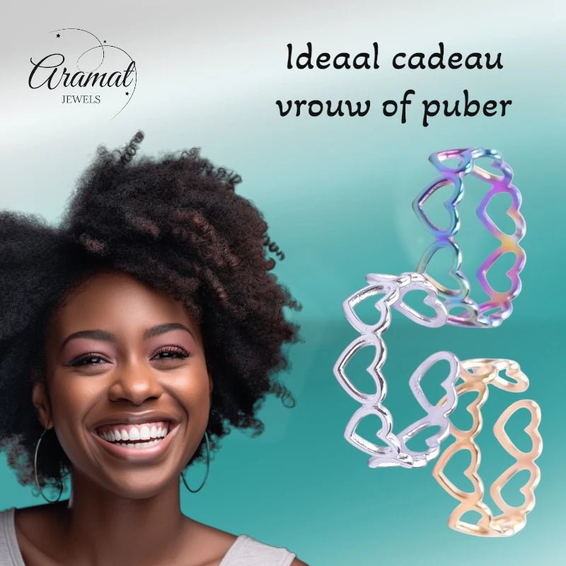 Open Ring RVS Hartjes Schakel (Multicolor, Zilver - of Goudkleur) - Aramat Jewels - Ringen - cadeautip