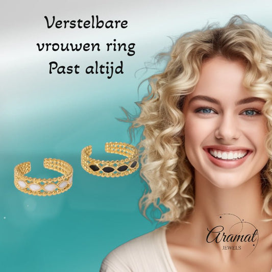 Open Ring RVS met Bolletjes Motief en Emaille Eclips (7 mm) - Aramat Jewels - Ringen - cadeautip