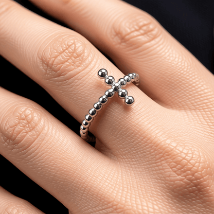 Open Ring RVS met Bolletjesmotief en Kruisje (10 mm) - Aramat Jewels - Ringen - cadeautip