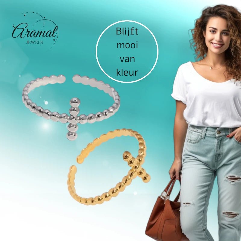 Open Ring RVS met Bolletjesmotief en Kruisje (10 mm) - Aramat Jewels - Ringen - cadeautip