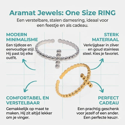 Open Ring RVS met Bolletjesmotief en Kruisje (10 mm) - Aramat Jewels - Ringen - cadeautip
