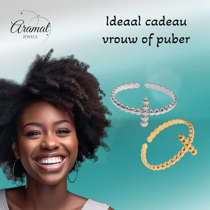 Open Ring RVS met Bolletjesmotief en Kruisje (10 mm) - Aramat Jewels - Ringen - cadeautip