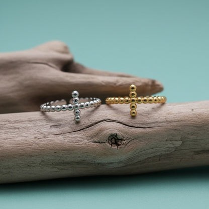 Open Ring RVS met Bolletjesmotief en Kruisje (10 mm) - Aramat Jewels - Ringen - cadeautip