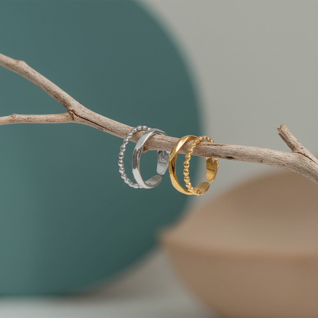 Open Ring RVS met Dot en Gehamerde Lijn (7 mm) - Aramat Jewels - Ringen - cadeautip