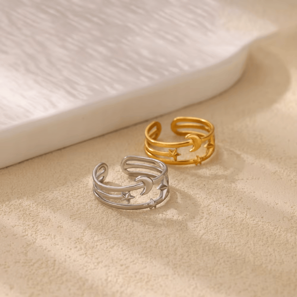 Open Ring RVS met Drie Sterren en Maan (9 mm) - Aramat Jewels - Ringen - cadeautip