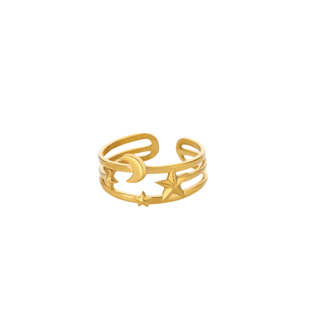 Open Ring RVS met Drie Sterren en Maan (9 mm) - Aramat Jewels - Ringen - cadeautip