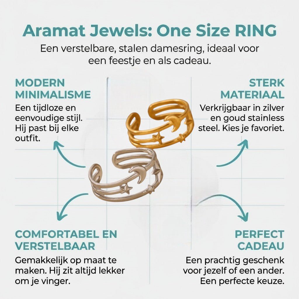 Open Ring RVS met Drie Sterren en Maan (9 mm) - Aramat Jewels - Ringen - cadeautip