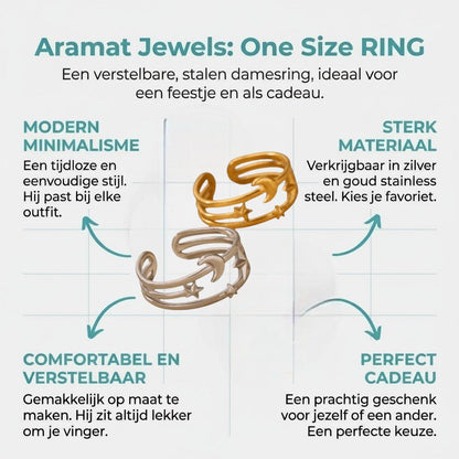 Open Ring RVS met Drie Sterren en Maan (9 mm) - Aramat Jewels - Ringen - cadeautip