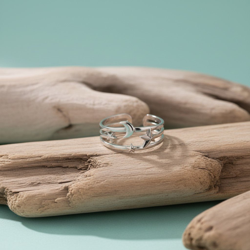 Open Ring RVS met Drie Sterren en Maan (9 mm) - Aramat Jewels - Ringen - cadeautip