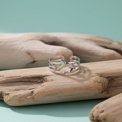Open Ring RVS met Drie Sterren en Maan (9 mm) - Aramat Jewels - Ringen - cadeautip