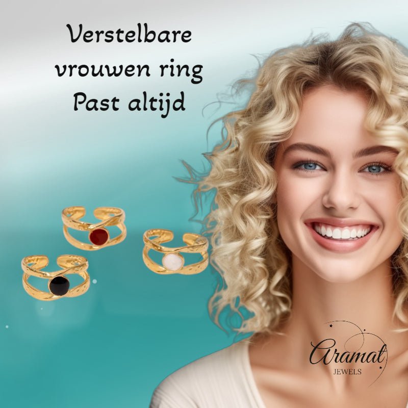 Open Ring RVS met Gehamerd Motief en Emaille Cirkel (9,5 mm) - Aramat Jewels - Ringen - cadeautip