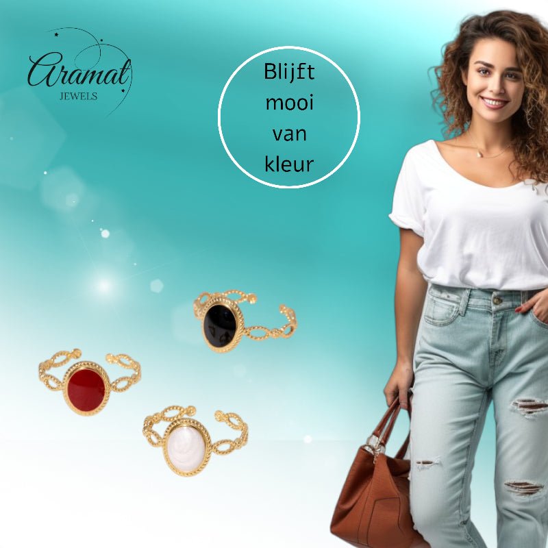 Open Ring RVS Ovaal Emaille met Dot Reliëf (Goudkleurig) - Aramat Jewels - Ringen - cadeautip