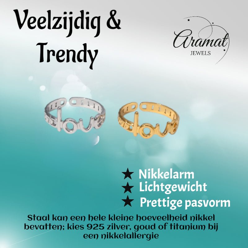 Open Ring Schakel Motief met 'Love' Letters (8 mm Verstelbaar) - Aramat Jewels - Ringen - cadeautip