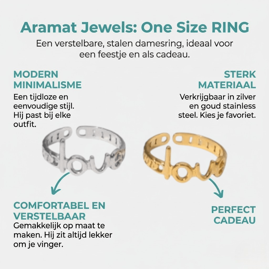 Open Ring Schakel Motief met 'Love' Letters (8 mm Verstelbaar) - Aramat Jewels - Ringen - cadeautip
