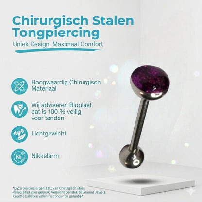 Aramat Jewels steel tongue piercing with a 7mm top ball featuring purple glitter acrylic and a 5mm steel bottom ball.