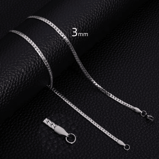 Platte Gourmet Ketting met bewerkte rand 3mm Zilverkleurig Staal - Aramat Jewels - RVS Sieraden - Halskettingen - cadeautip