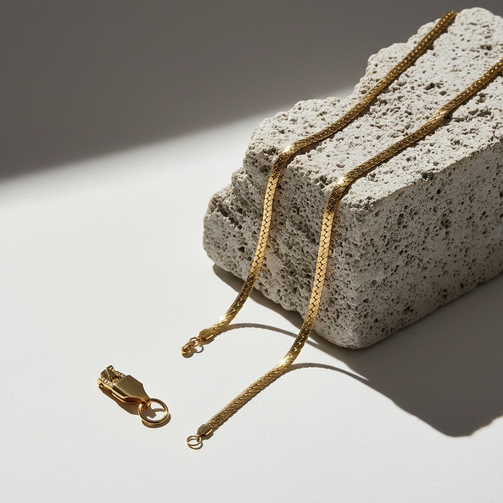 Platte gourmet ketting met bewerkte rand 5mm goudkleurig staal - Aramat Jewels - Halskettingen - cadeautip