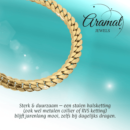 Platte Gourmet Ketting met bewerkte rand 6mm Goudkleurig Staal - Aramat Jewels - RVS Sieraden - Halskettingen - cadeautip