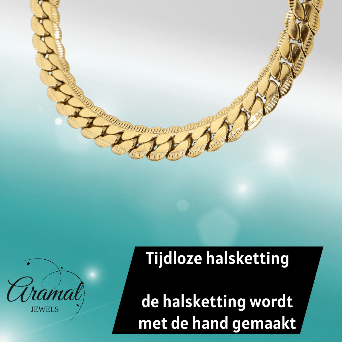 Platte Gourmet Ketting met bewerkte rand 6mm Goudkleurig Staal - Aramat Jewels - RVS Sieraden - Halskettingen - cadeautip