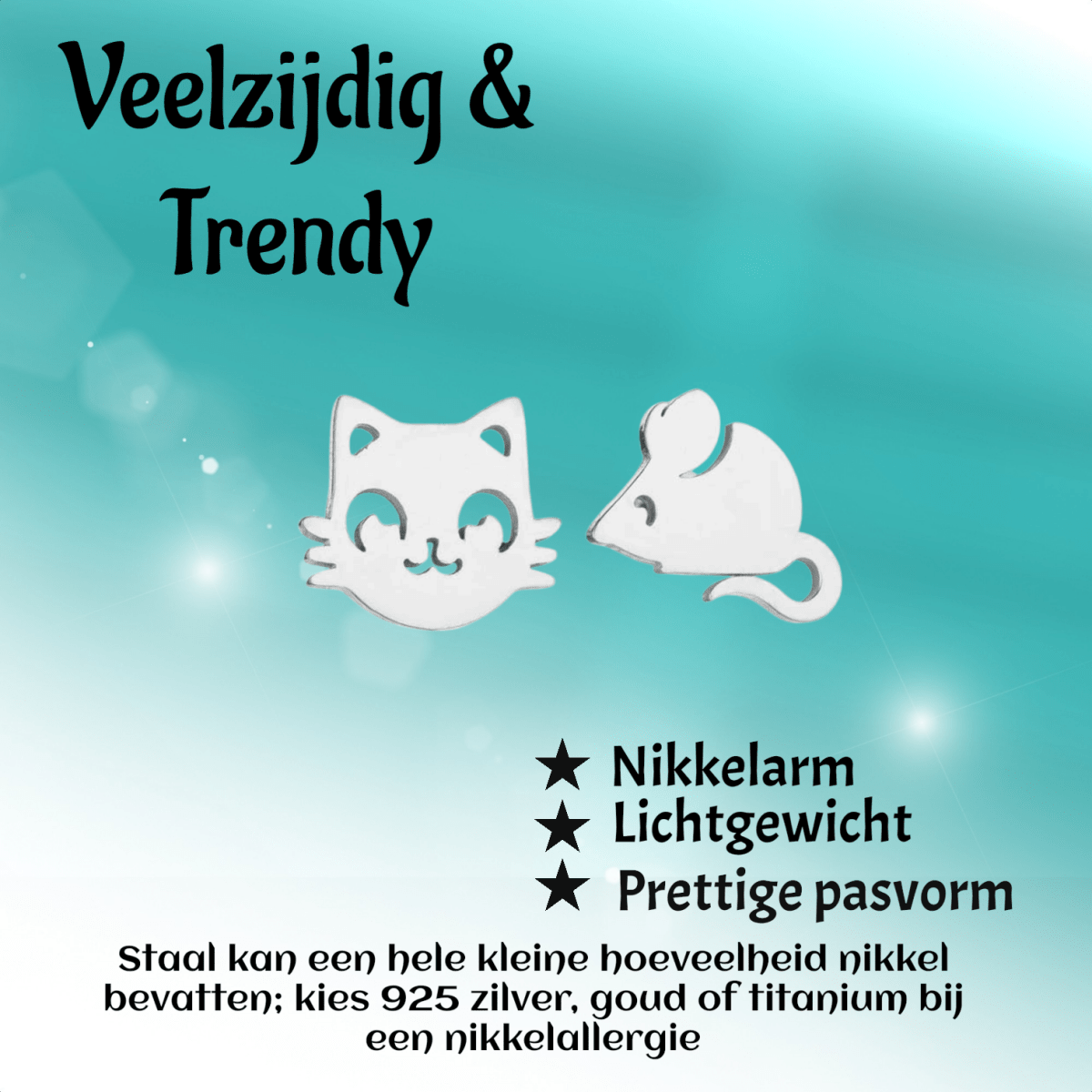 Poes en Muis Oorbellen 10mm Zilverkleurig Staal - Aramat Jewels - RVS Sieraden - Oorbellen - cadeautip