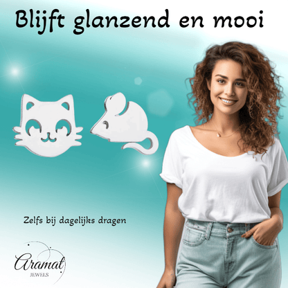 Poes en Muis Oorbellen 10mm Zilverkleurig Staal - Aramat Jewels - RVS Sieraden - Oorbellen - cadeautip