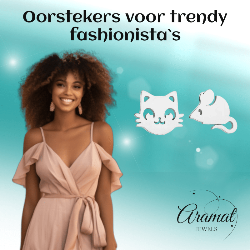 Poes en Muis Oorbellen 10mm Zilverkleurig Staal - Aramat Jewels - RVS Sieraden - Oorbellen - cadeautip