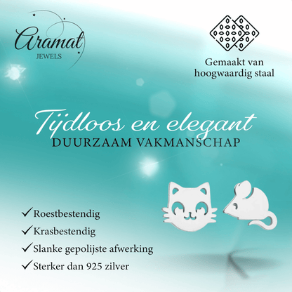 Poes en Muis Oorbellen 10mm Zilverkleurig Staal - Aramat Jewels - RVS Sieraden - Oorbellen - cadeautip