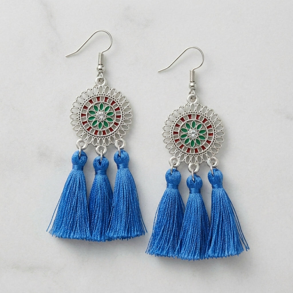 Summer Boho Earrings Tassels Blue 75mm