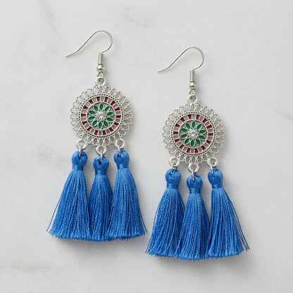 Summer Boho Earrings Tassels Blue 75mm