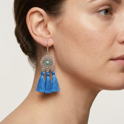 Summer Boho Earrings Tassels Blue 75mm