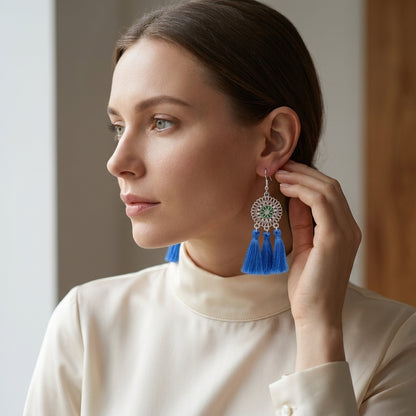 Summer Boho Earrings Tassels Blue 75mm