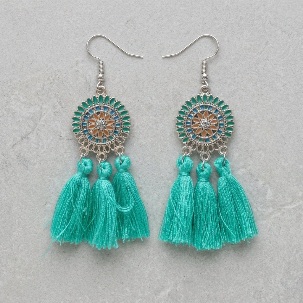 Summer Boho Earrings Tassels Mint 75mm