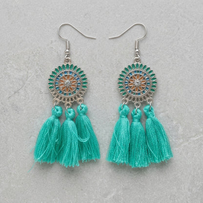 Summer Boho Earrings Tassels Mint 75mm