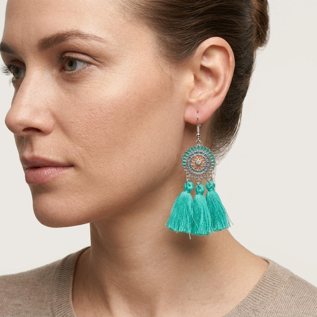 Summer Boho Earrings Tassels Mint 75mm