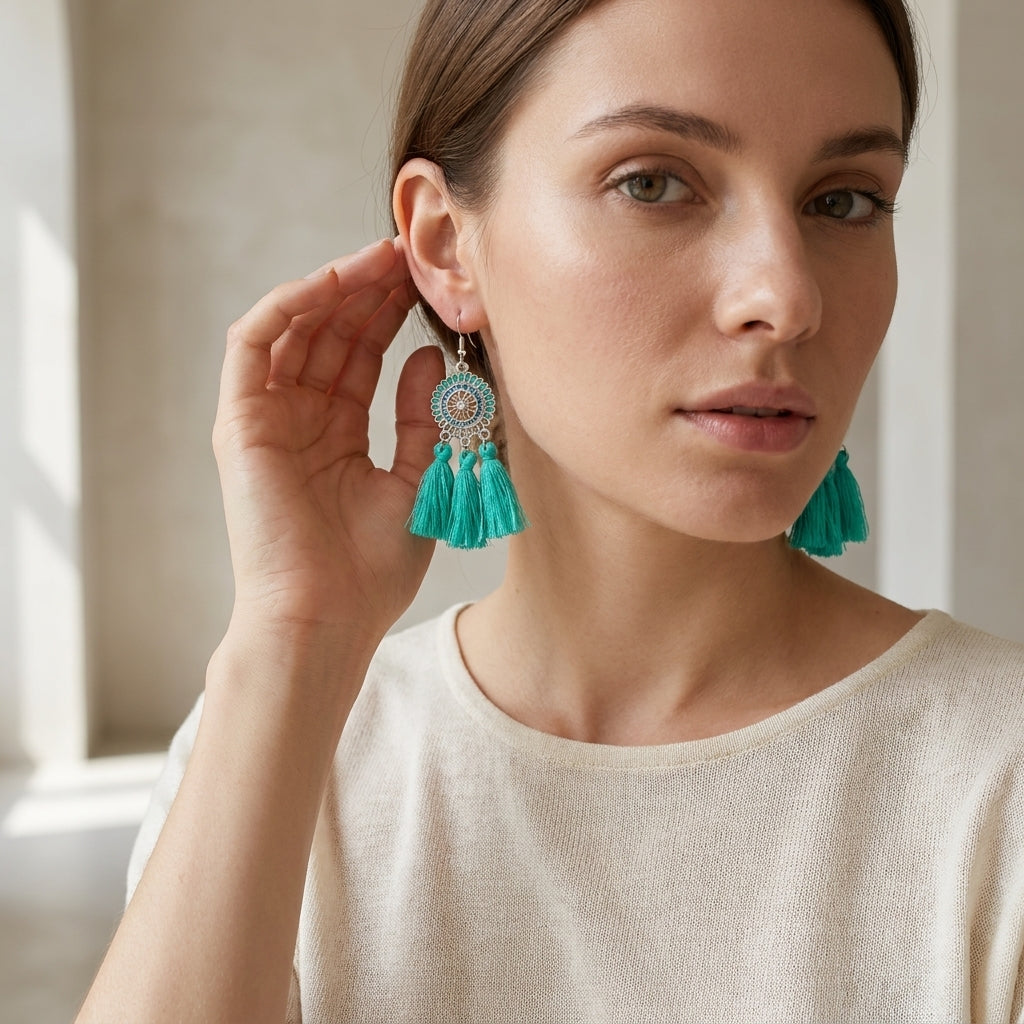 Summer Boho Earrings Tassels Mint 75mm