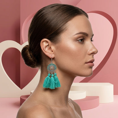 Summer Boho Earrings Tassels Mint 75mm