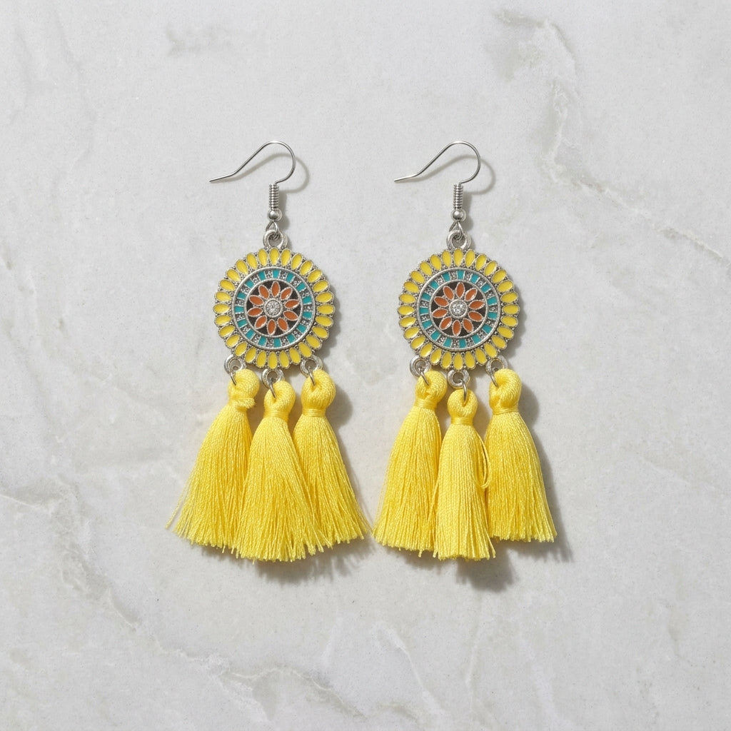 Summer Boho Earrings Tassels Yellow 75mm