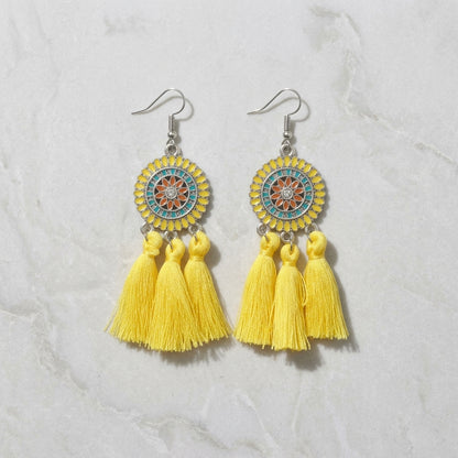 Summer Boho Earrings Tassels Yellow 75mm