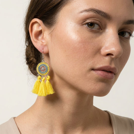 Summer Boho Earrings Tassels Yellow 75mm