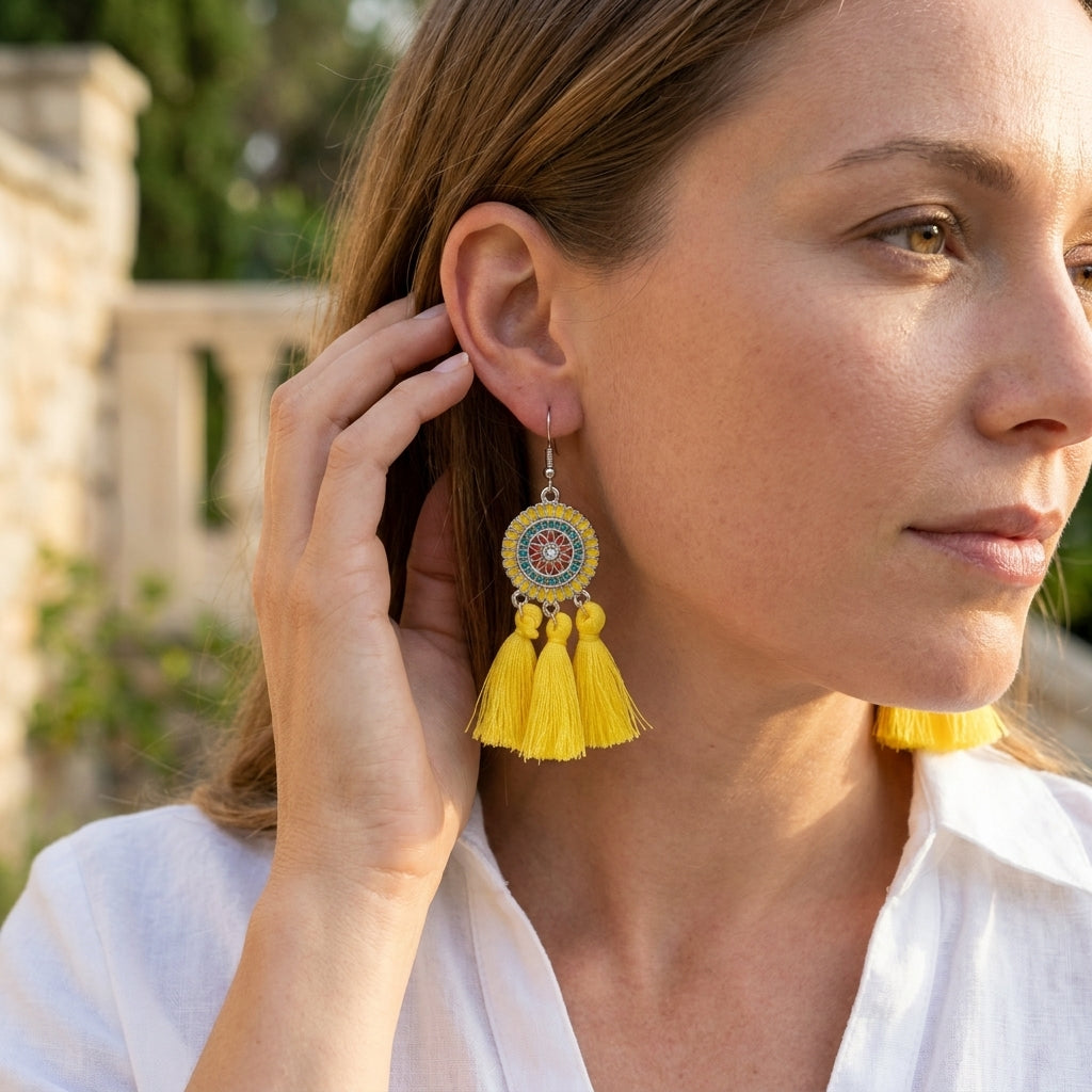 Summer Boho Earrings Tassels Yellow 75mm