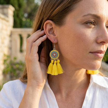 Summer Boho Earrings Tassels Yellow 75mm