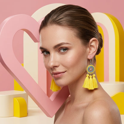 Summer Boho Earrings Tassels Yellow 75mm
