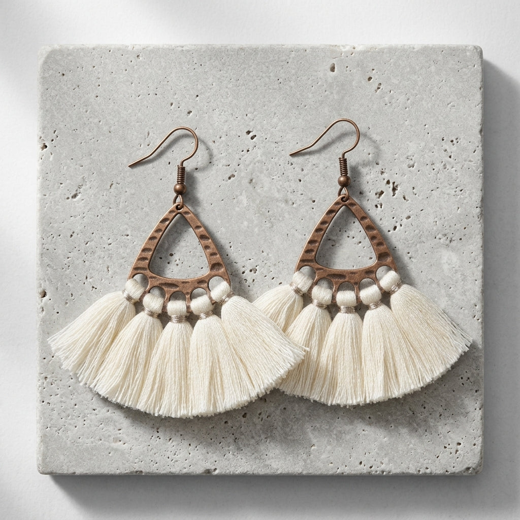 Boho Earrings Tassels Cream 55x30mm