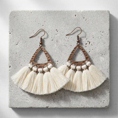 Boho Earrings Tassels Cream 55x30mm