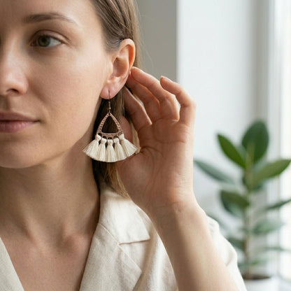 Boho Earrings Tassels Cream 55x30mm
