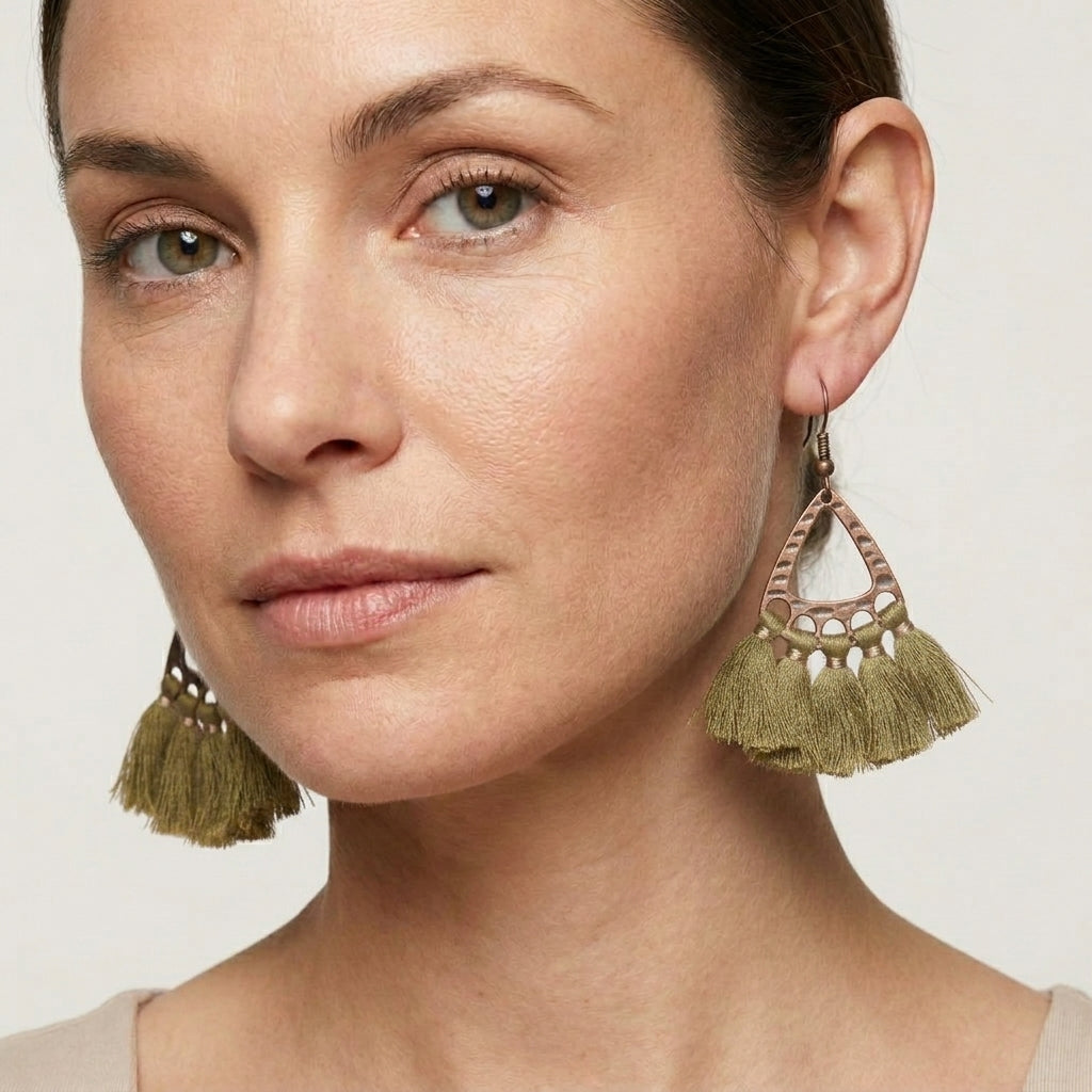 Boho Earrings Tassels Olive green 55x30mm