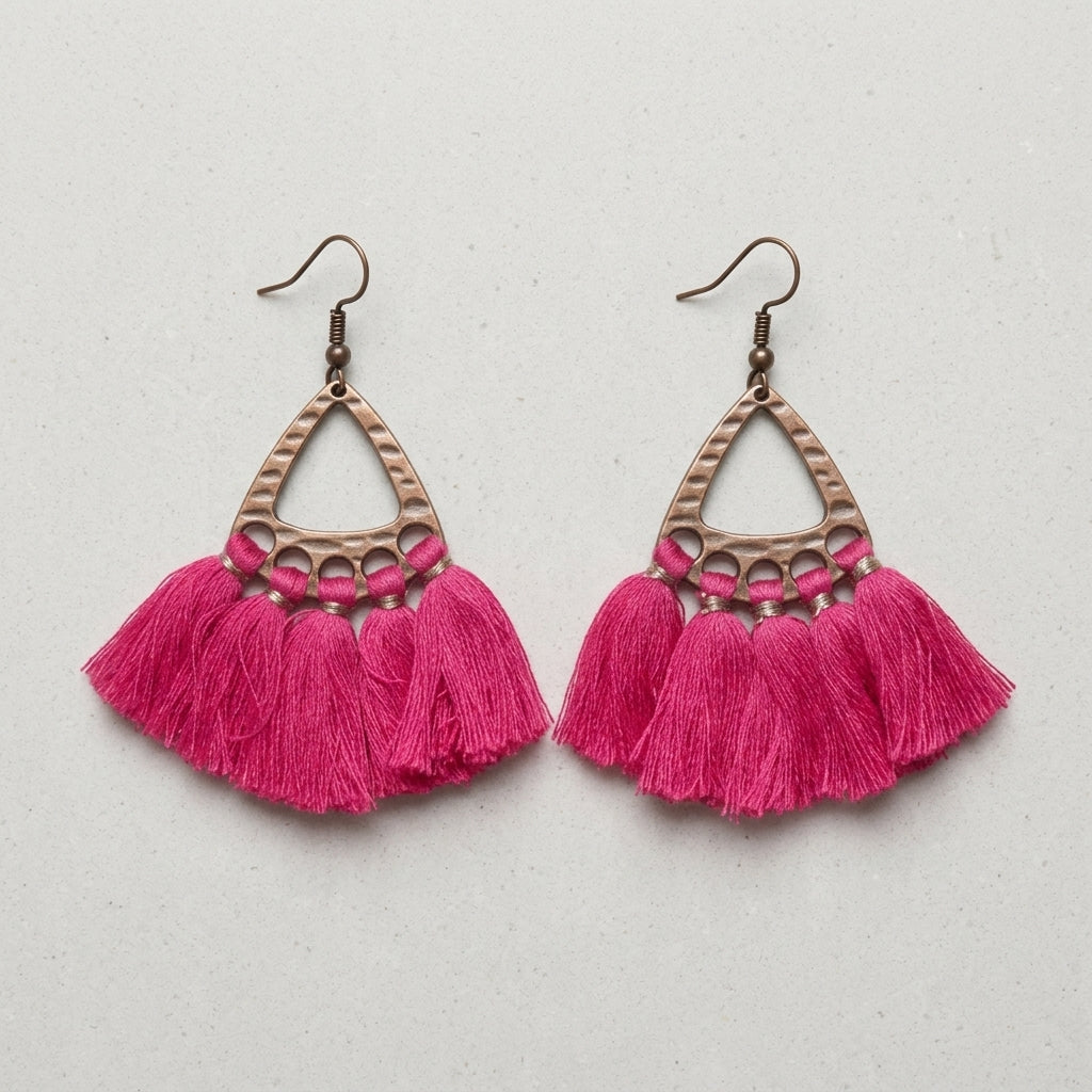 Boho Earrings Tassels Bright Pink 55x30mm