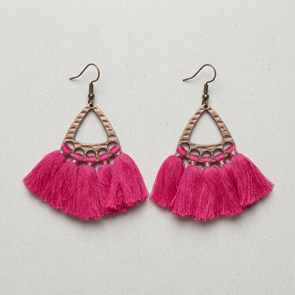 Boho Earrings Tassels Bright Pink 55x30mm